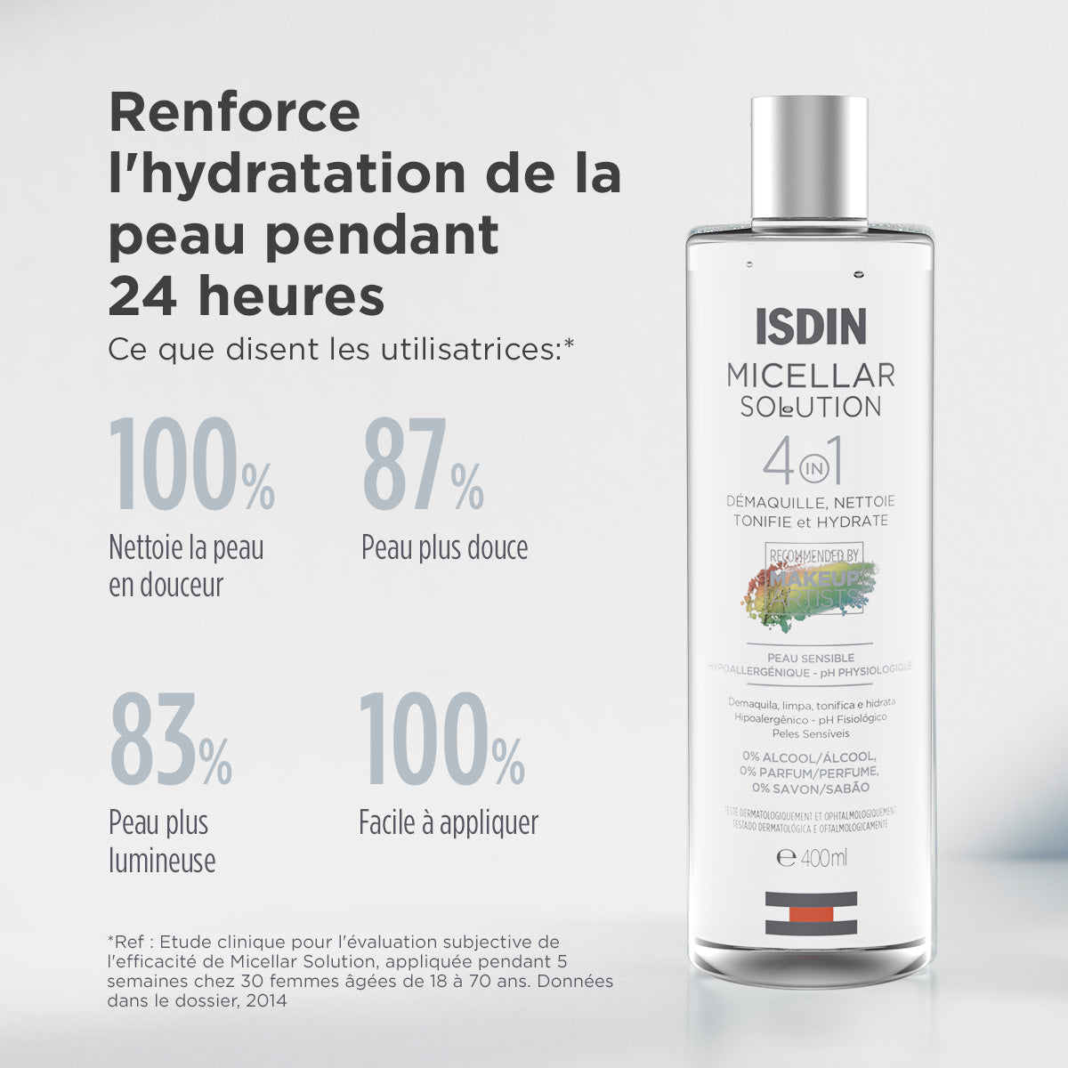Eau micellaire ISDIN Micellar Solution 4-en-1 : démaquillant, nettoyant, tonifiant et hydratant pour peaux sensibles, format 400ml - Disponible sur La Para du Lac.