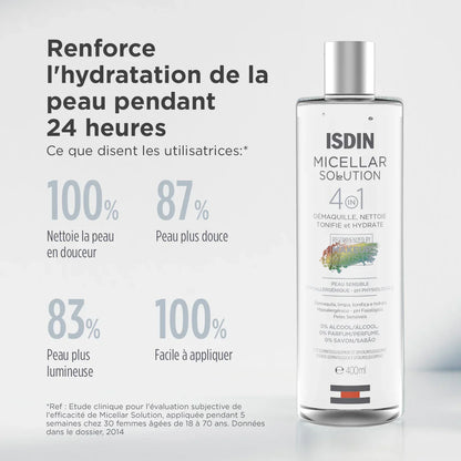 ISDIN Micellar Solution 4en1 400ml, démaquille, nettoie, tonifie et hydrate peau sensible | La Para Du Lac