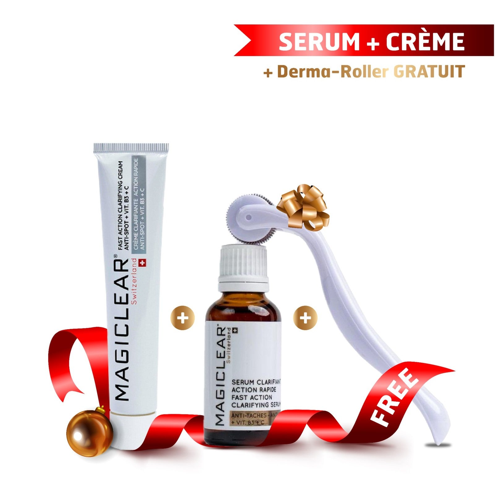 Pack sérum + crème + derma-roller
Pack Magiclear Tunisie : sérum clarifiant anti-taches + crème clarifiante anti-spot + derma-roller offert, unifie le teint.