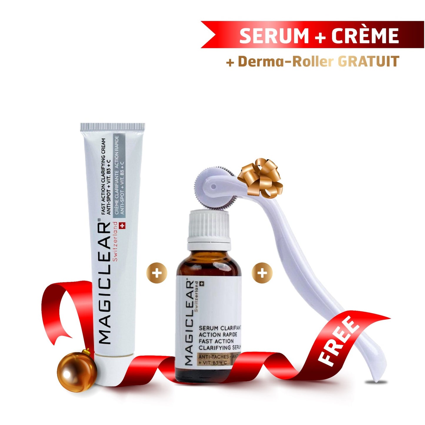 Pack sérum + crème + derma-roller
Pack Magiclear Tunisie : sérum clarifiant anti-taches + crème clarifiante anti-spot + derma-roller offert, unifie le teint.