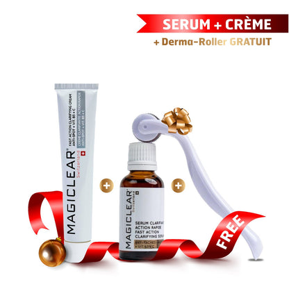 Pack sérum + crème + derma-roller
Pack Magiclear Tunisie : sérum clarifiant anti-taches + crème clarifiante anti-spot + derma-roller offert, unifie le teint.