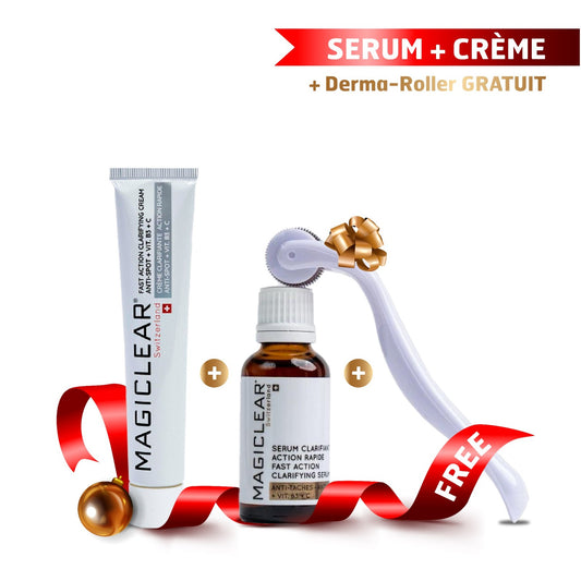 Pack sérum + crème + derma-roller
Pack Magiclear Tunisie : sérum clarifiant anti-taches + crème clarifiante anti-spot + derma-roller offert, unifie le teint.