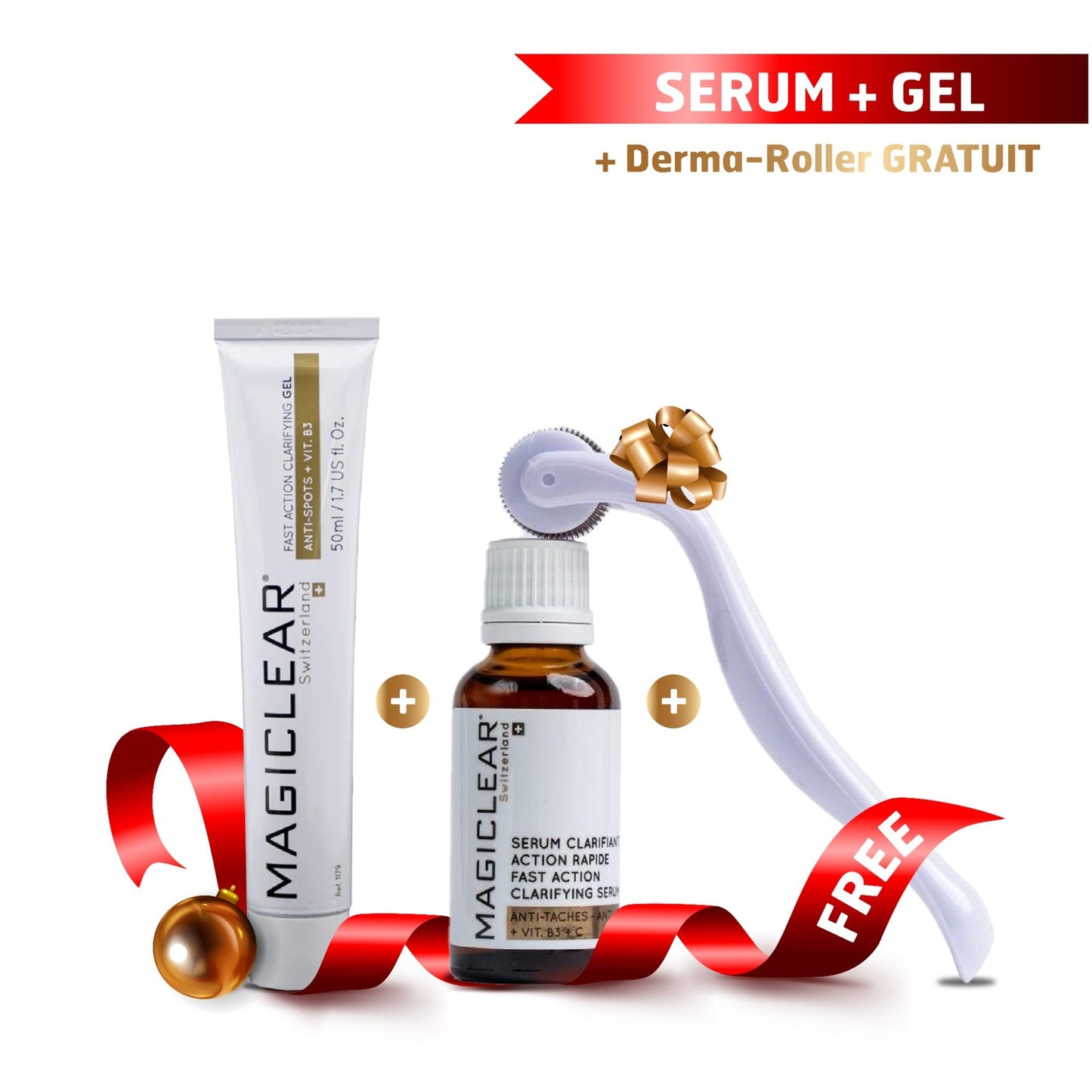 Pack Magiclear Tunisie : sérum clarifiant anti-taches + gel clarifiant + derma-roller offert, routine éclat et anti-imperfections.