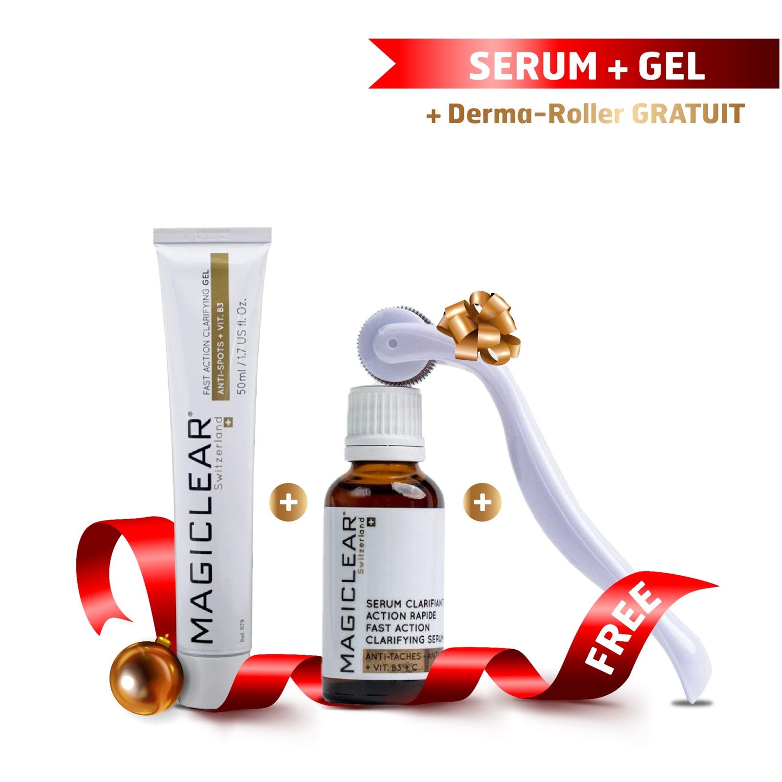 Pack Magiclear Tunisie : sérum clarifiant anti-taches + gel clarifiant + derma-roller offert, routine éclat et anti-imperfections.