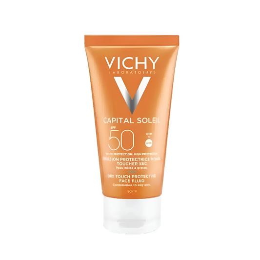 Émulsion solaire teintée Vichy SPF 50+ pour peaux mixtes à grasses, disponible sur laparadulac.com, parapharmacie Tunisie, protection visage à Tunis.

