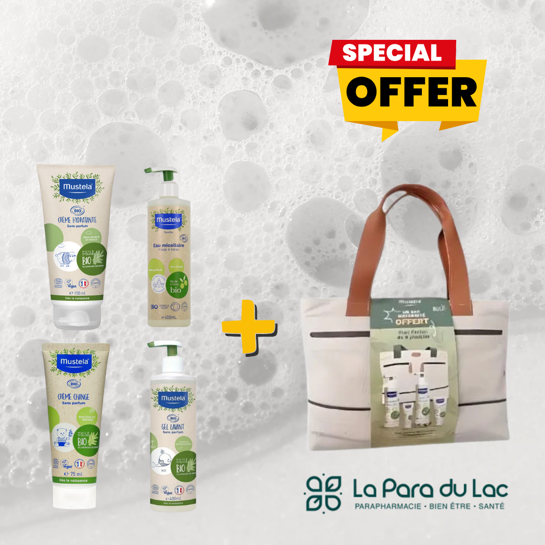 Sac maternité bio Mustela avec soins bébé complets, disponible sur laparadulac.com, parapharmacie Tunisie.