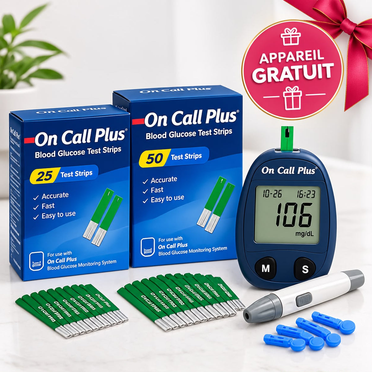 Pack Bandelettes On Call Plus : 1 Appareil de Glycémie OFFERT