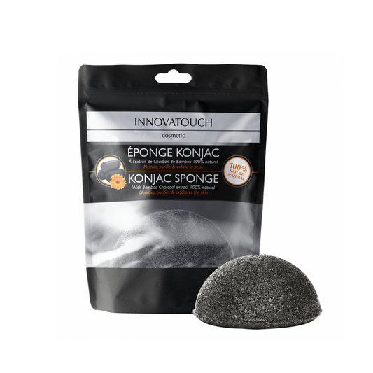 Éponge Konjac Innovatouch au charbon de bambou naturel, laparadulac.com, parapharmacie Tunisie, pour nettoyage visage et exfoliation douce