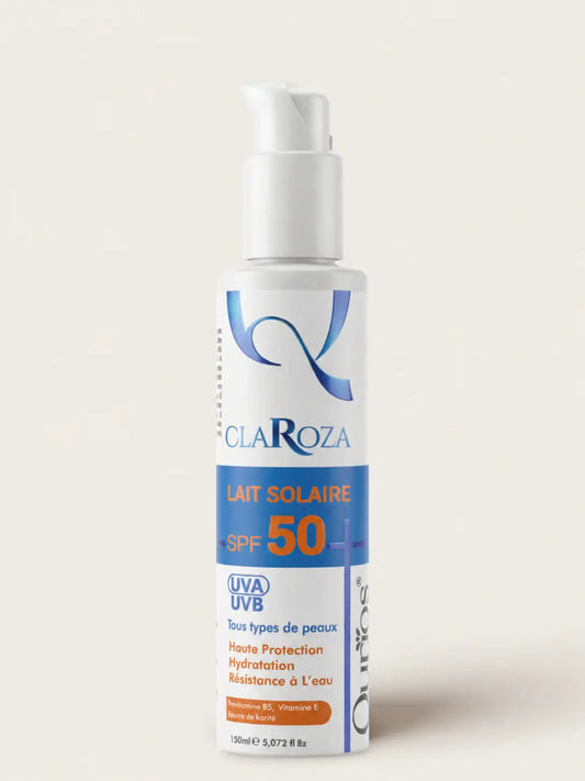 Qurios Claroza Lait Solaire 150 ml, lait solaire corps haute protection SPF 50.
