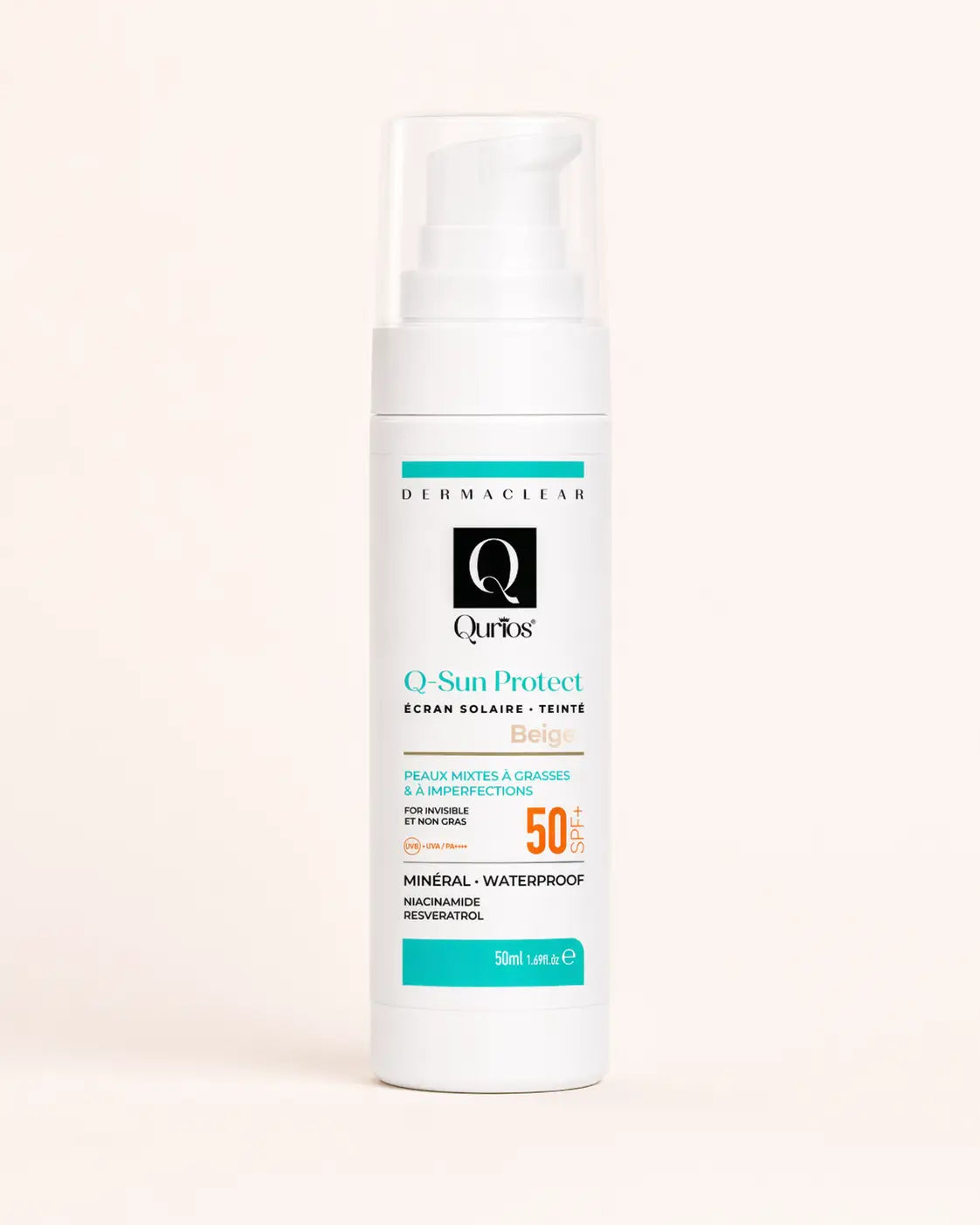 Qurios Q-Sun Protect Dermaclear Écran Teinté Beige SPF50 50 ml, écran solaire visage.