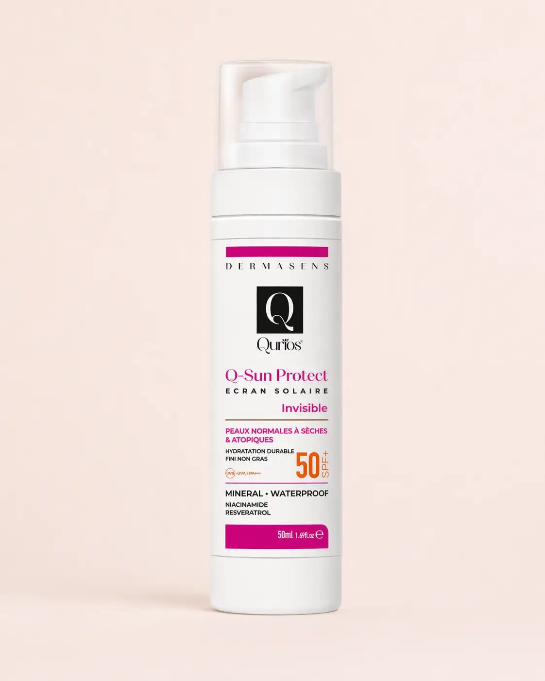 Qurios Q-Sun Protect Dermasens Écran Invisible SPF50 50 ml, écran solaire visage pour peaux sensibles.