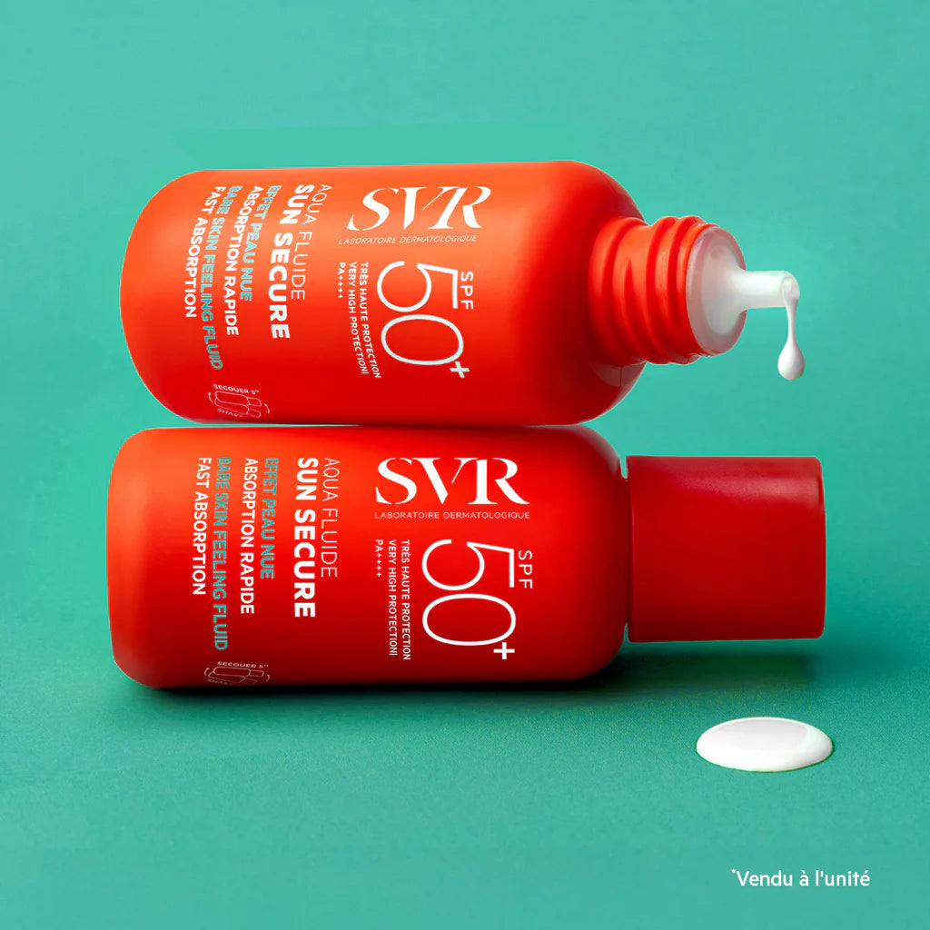Flacon du SVR Sun Secure Aqua Fluide SPF50+, écran solaire très haute protection.