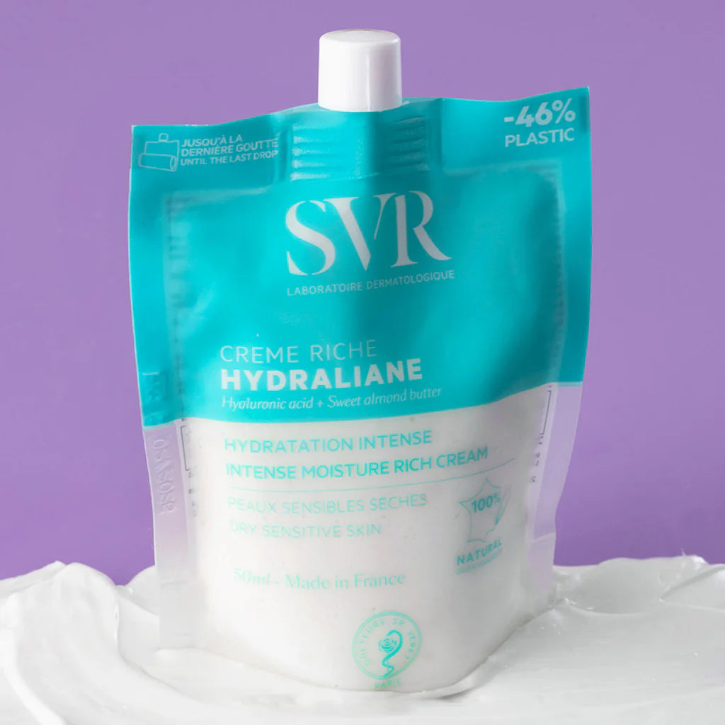 SVR Hydraliane Crème Riche 50ml en format poche écologique, soin hydratant intense pour peaux sensibles et sèches, disponible sur La Para du Lac.